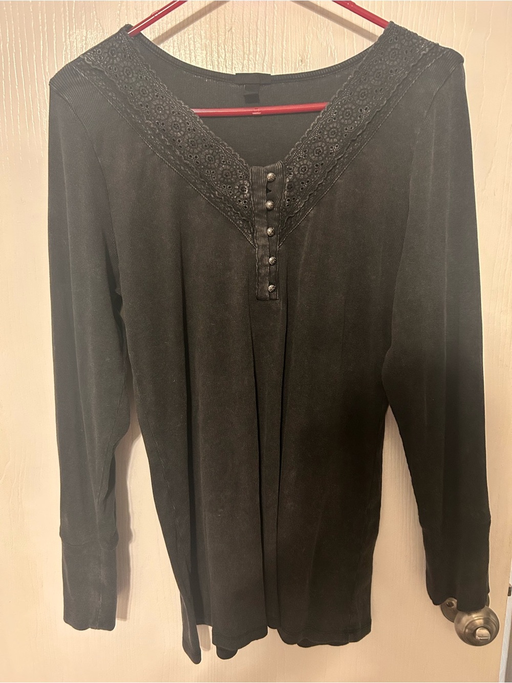 Women’s Black Long-Sleeve Henley Shirt with Lace Trim